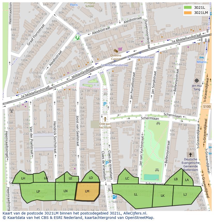 Afbeelding van het postcodegebied 3021 LM op de kaart.