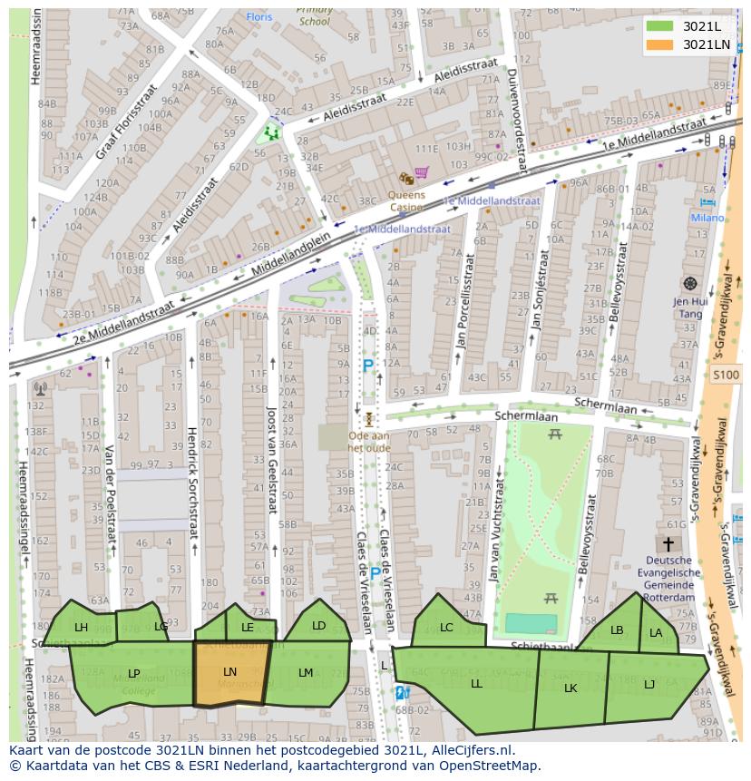 Afbeelding van het postcodegebied 3021 LN op de kaart.