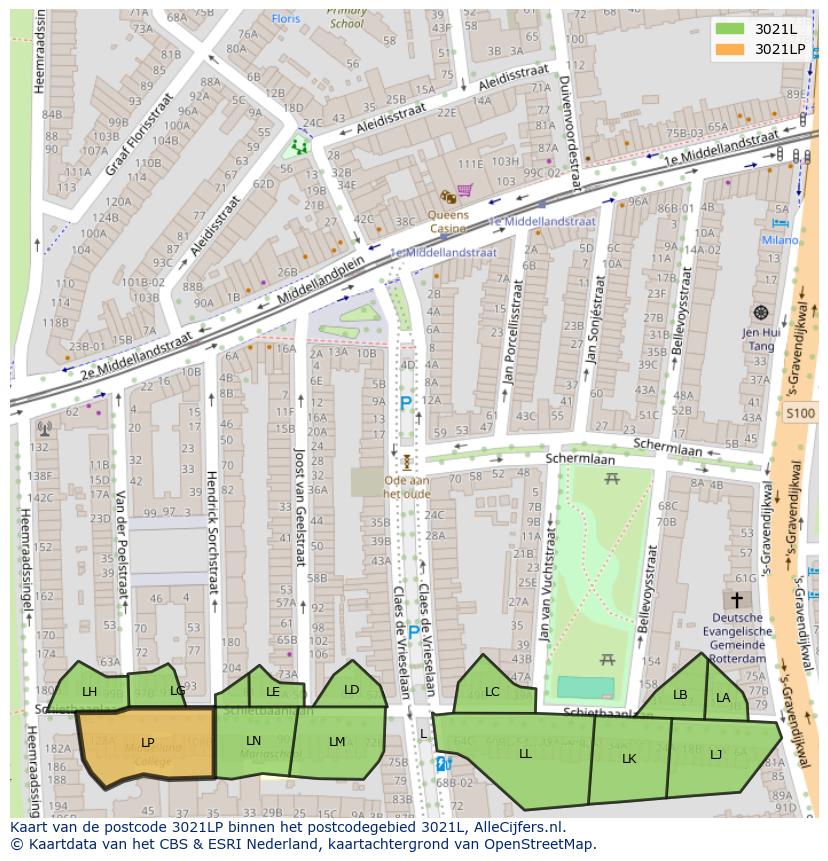 Afbeelding van het postcodegebied 3021 LP op de kaart.