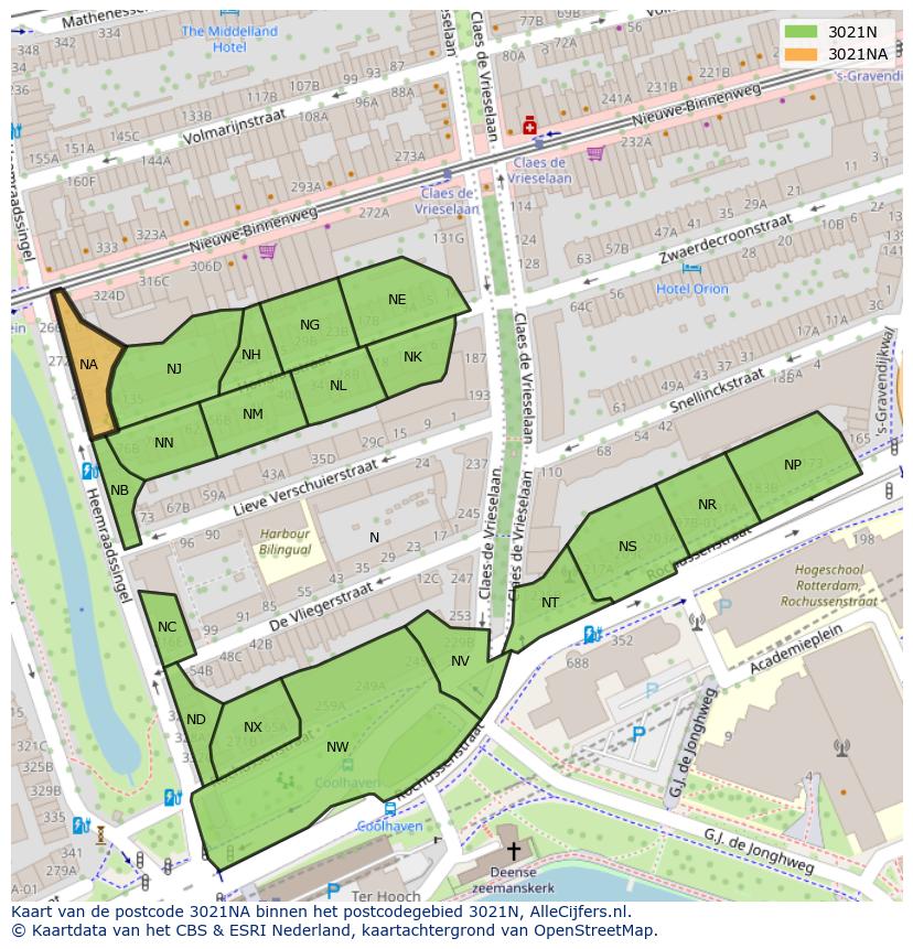 Afbeelding van het postcodegebied 3021 NA op de kaart.