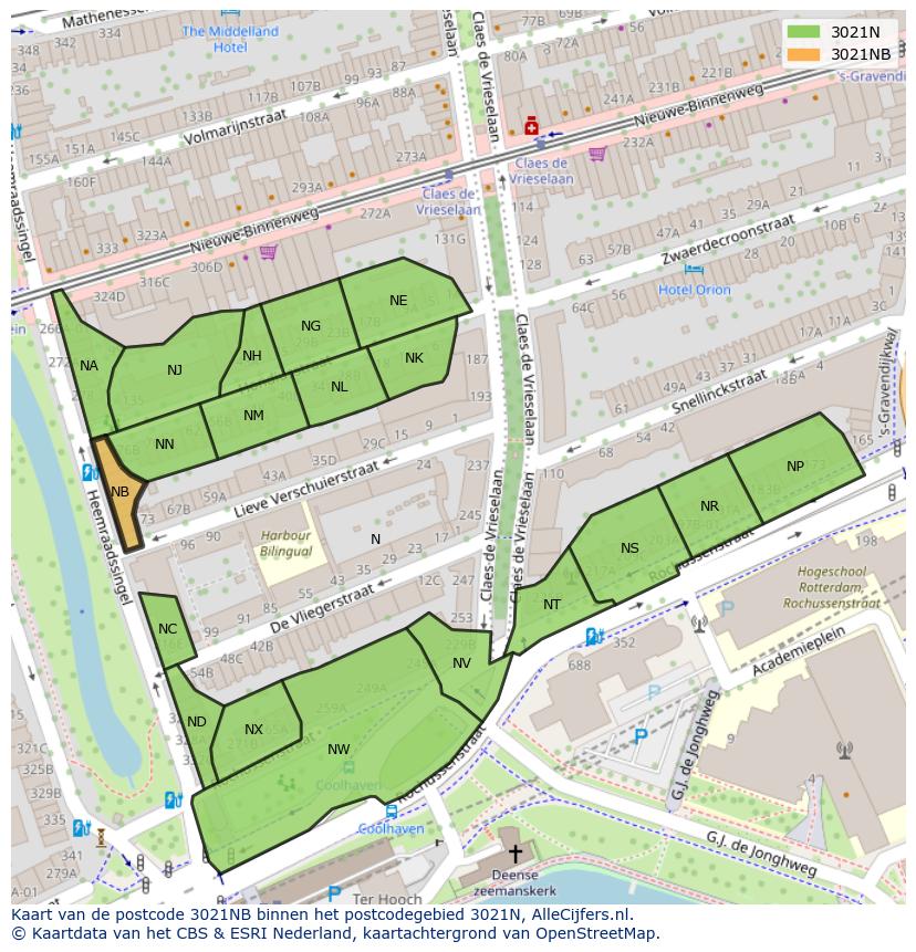 Afbeelding van het postcodegebied 3021 NB op de kaart.