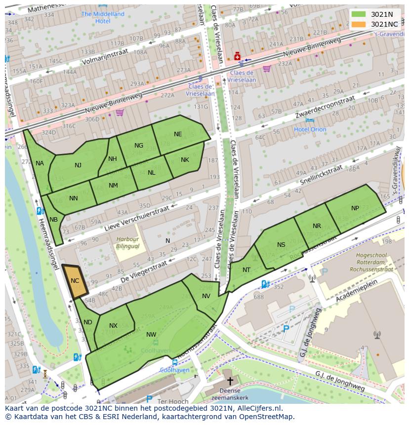 Afbeelding van het postcodegebied 3021 NC op de kaart.