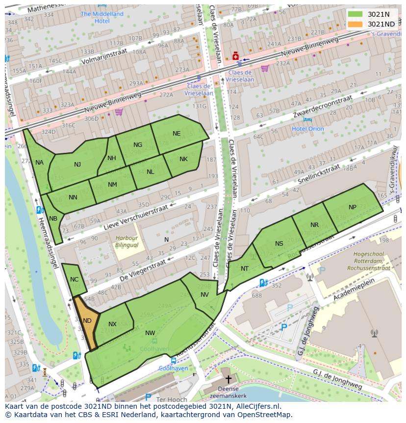 Afbeelding van het postcodegebied 3021 ND op de kaart.