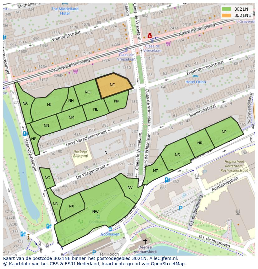 Afbeelding van het postcodegebied 3021 NE op de kaart.