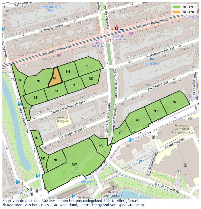 Afbeelding van het postcodegebied 3021 NH op de kaart.