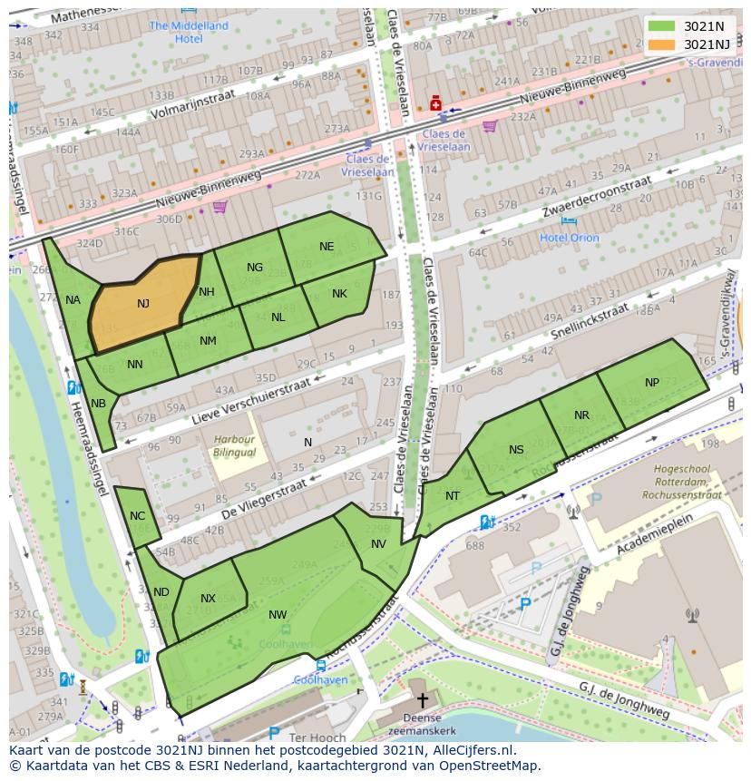 Afbeelding van het postcodegebied 3021 NJ op de kaart.