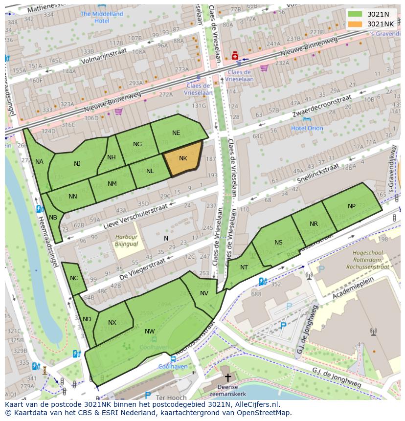 Afbeelding van het postcodegebied 3021 NK op de kaart.