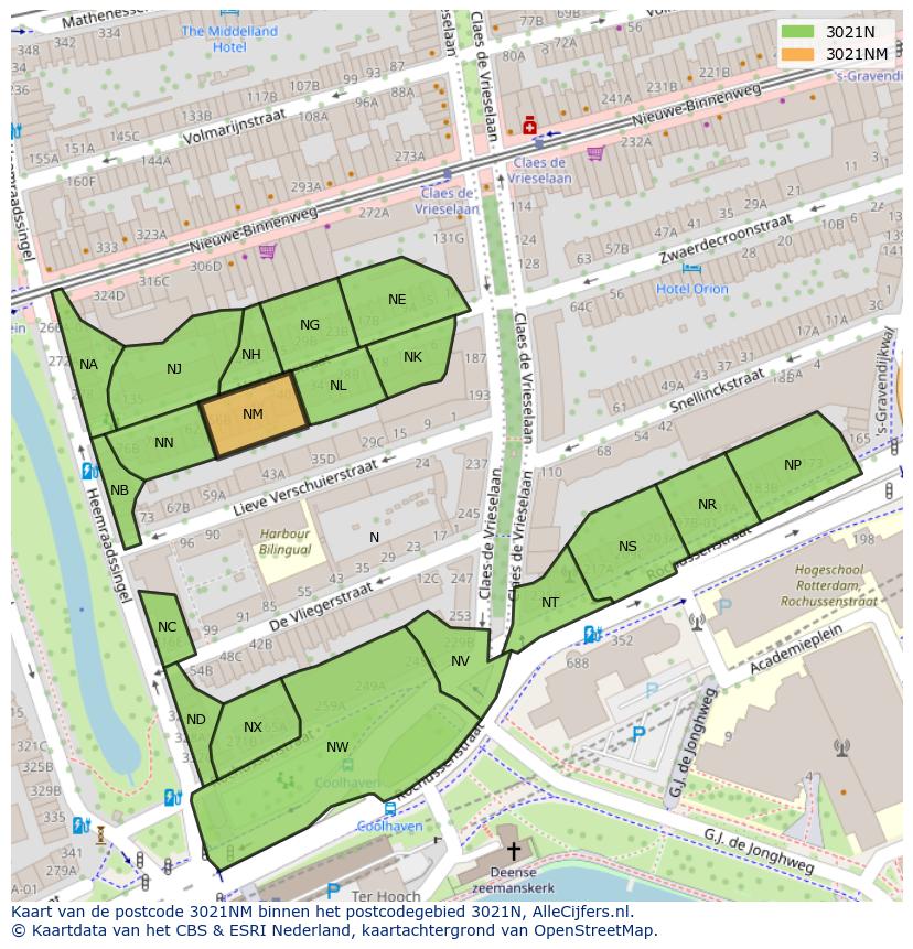 Afbeelding van het postcodegebied 3021 NM op de kaart.