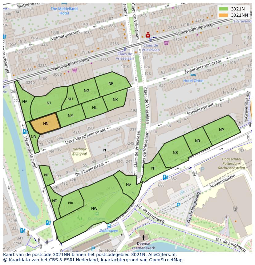 Afbeelding van het postcodegebied 3021 NN op de kaart.