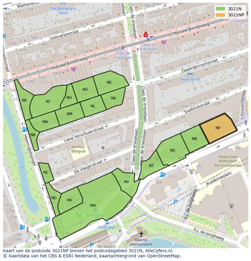 Afbeelding van het postcodegebied 3021 NP op de kaart.