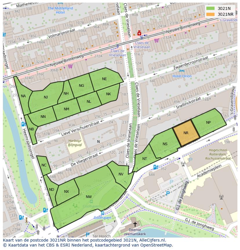 Afbeelding van het postcodegebied 3021 NR op de kaart.