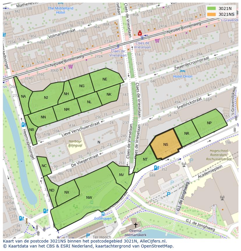 Afbeelding van het postcodegebied 3021 NS op de kaart.