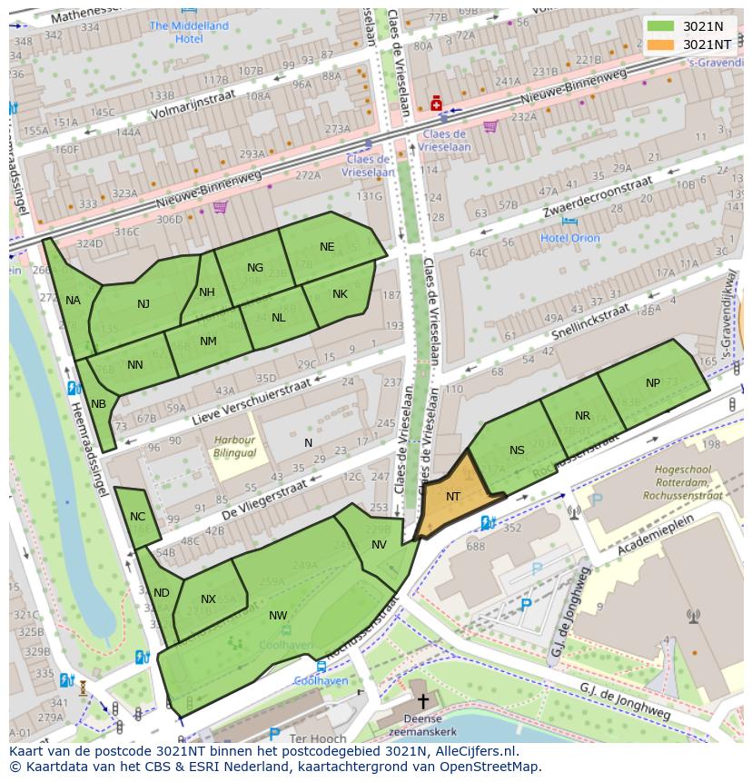 Afbeelding van het postcodegebied 3021 NT op de kaart.