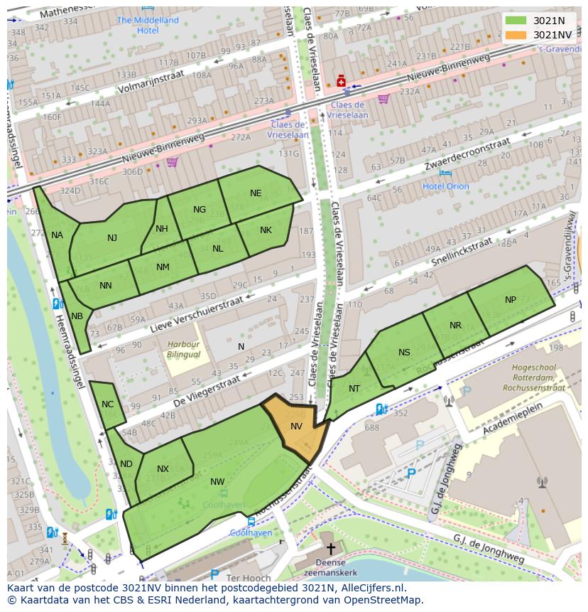 Afbeelding van het postcodegebied 3021 NV op de kaart.