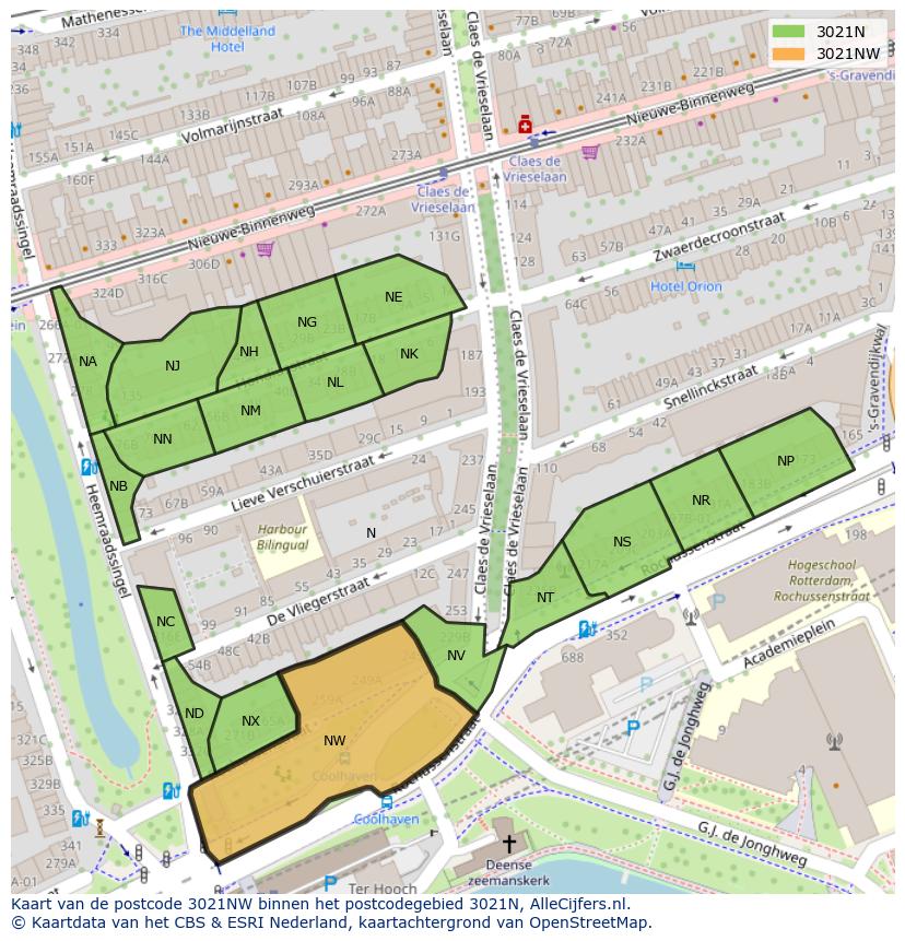 Afbeelding van het postcodegebied 3021 NW op de kaart.