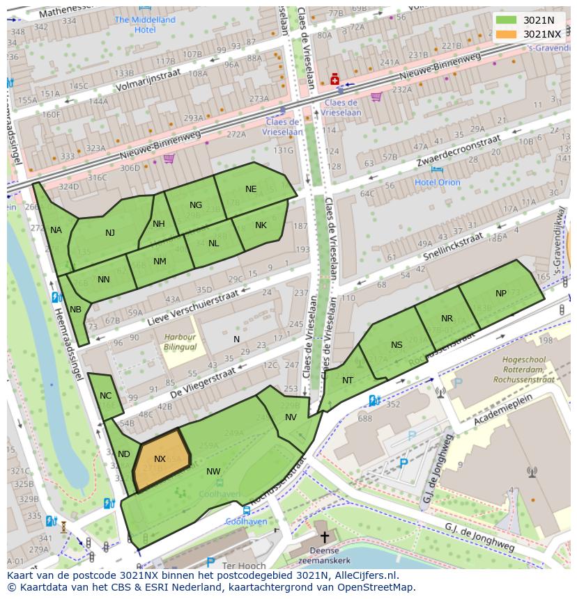 Afbeelding van het postcodegebied 3021 NX op de kaart.