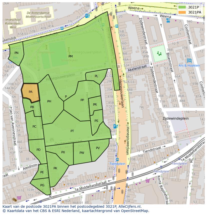 Afbeelding van het postcodegebied 3021 PA op de kaart.