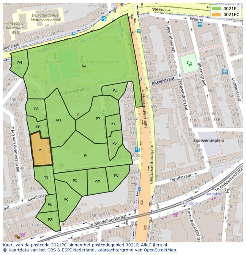 Afbeelding van het postcodegebied 3021 PC op de kaart.
