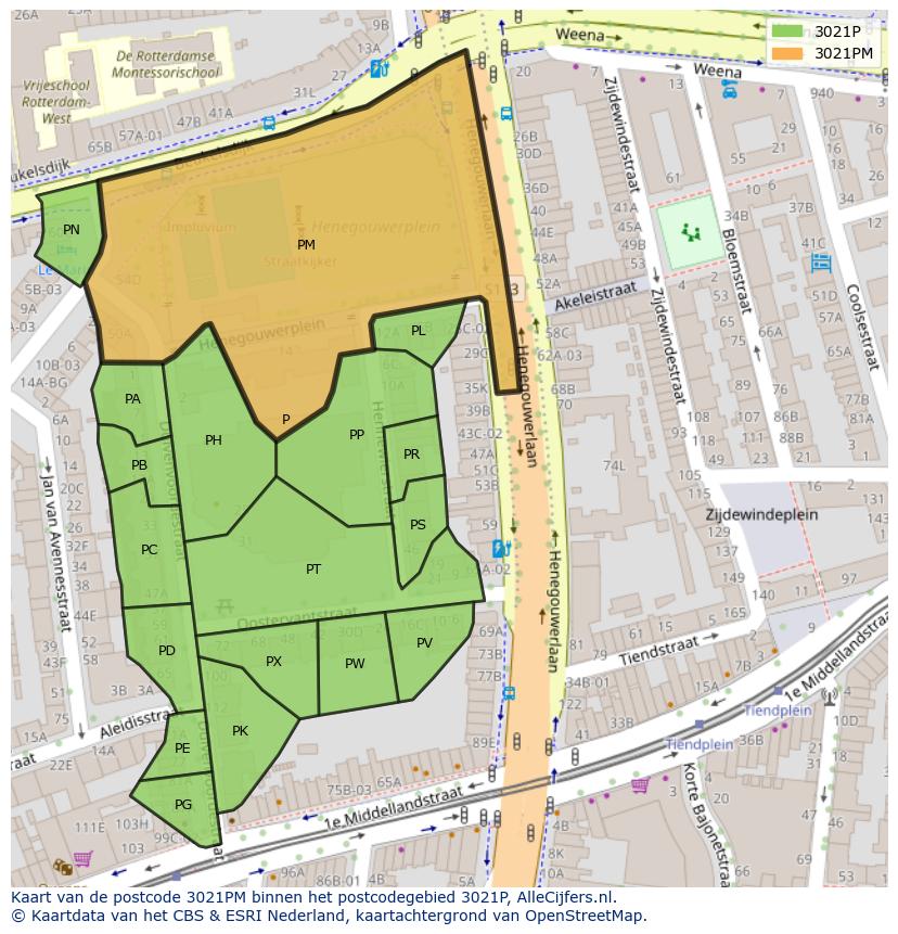 Afbeelding van het postcodegebied 3021 PM op de kaart.
