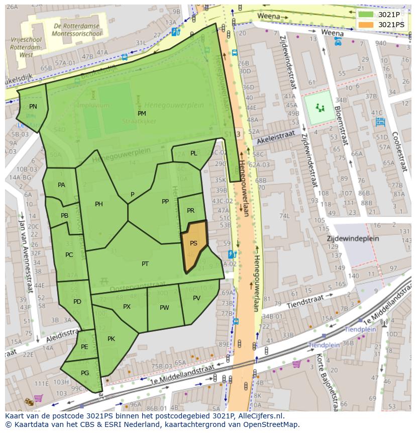 Afbeelding van het postcodegebied 3021 PS op de kaart.