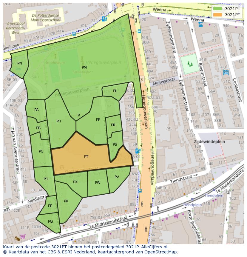 Afbeelding van het postcodegebied 3021 PT op de kaart.