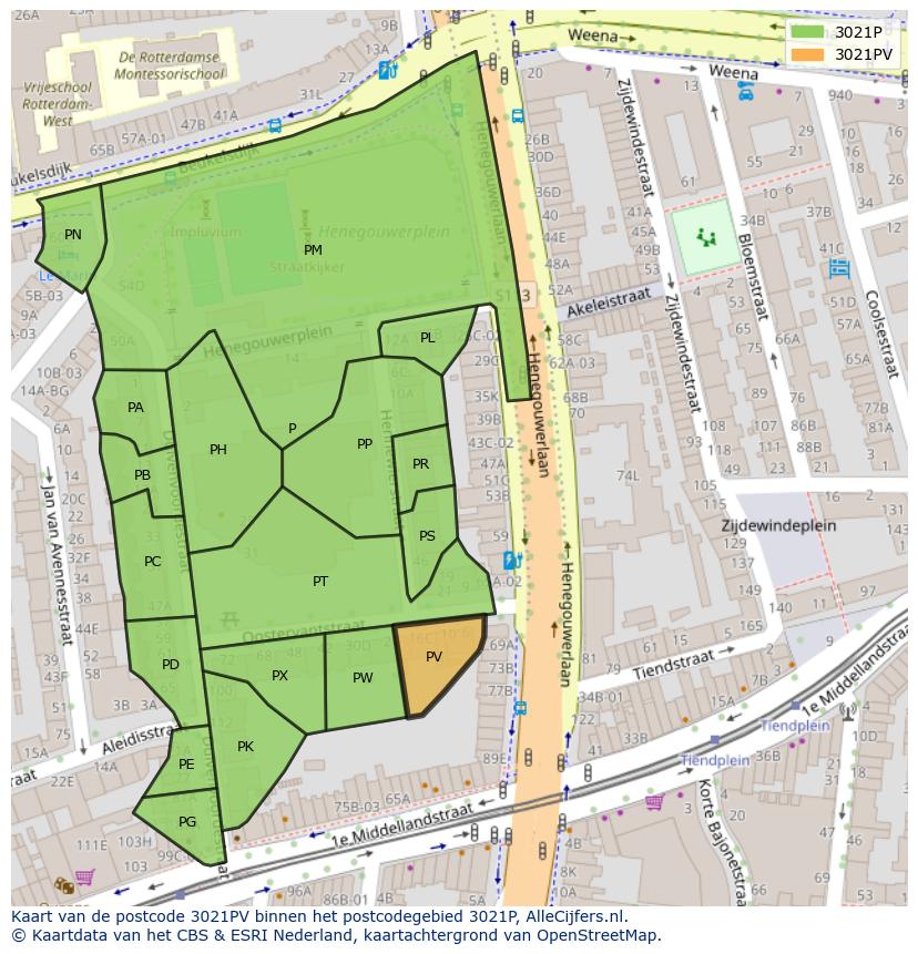 Afbeelding van het postcodegebied 3021 PV op de kaart.