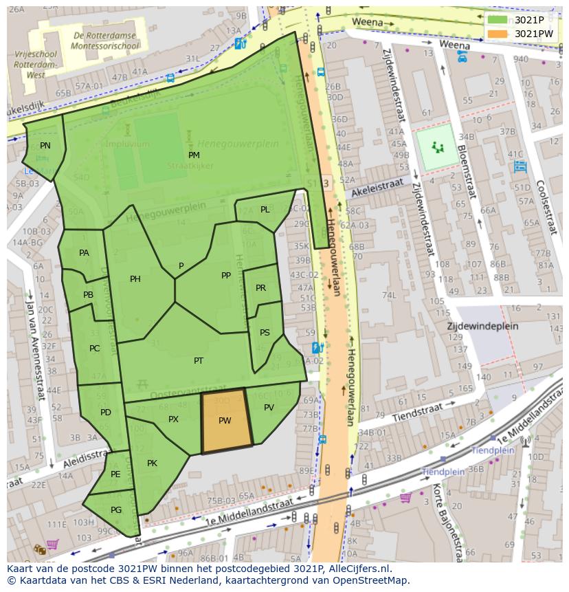 Afbeelding van het postcodegebied 3021 PW op de kaart.