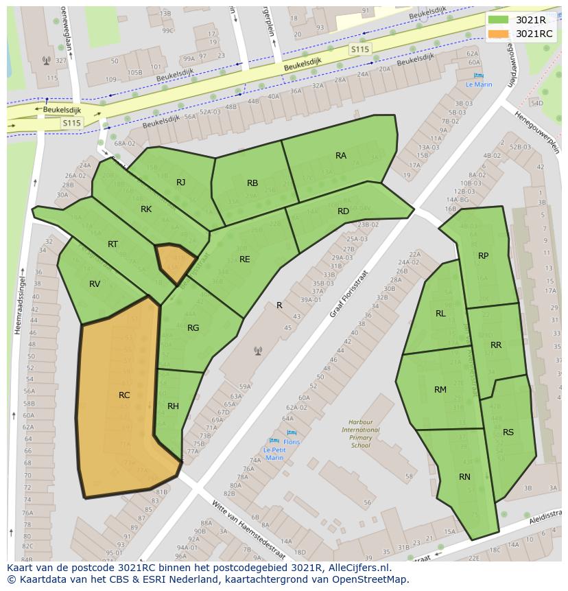 Afbeelding van het postcodegebied 3021 RC op de kaart.