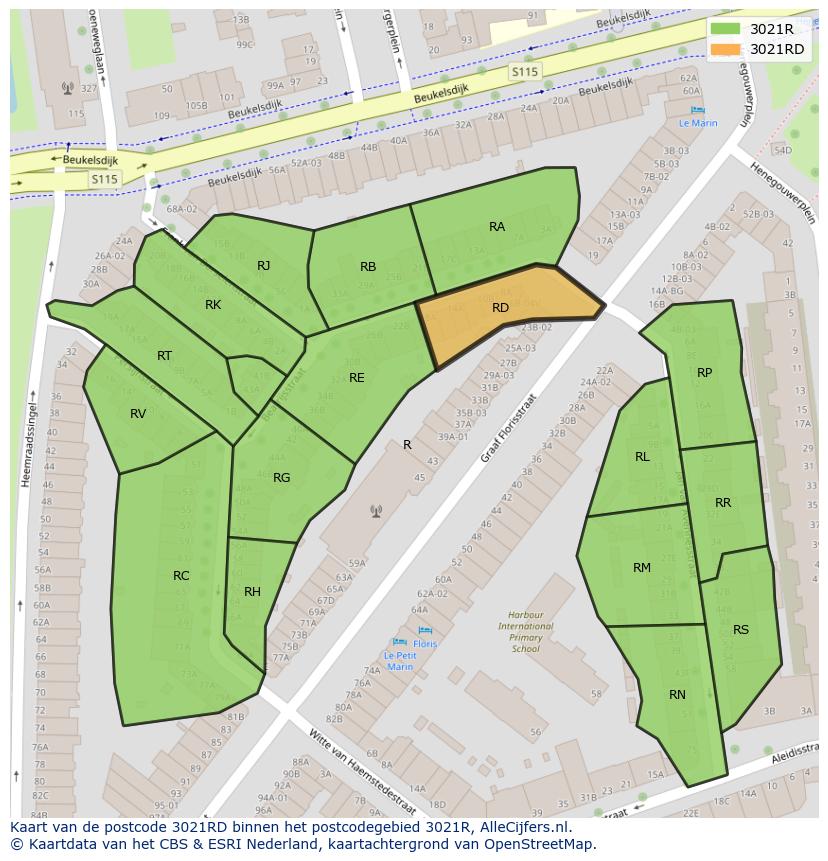 Afbeelding van het postcodegebied 3021 RD op de kaart.