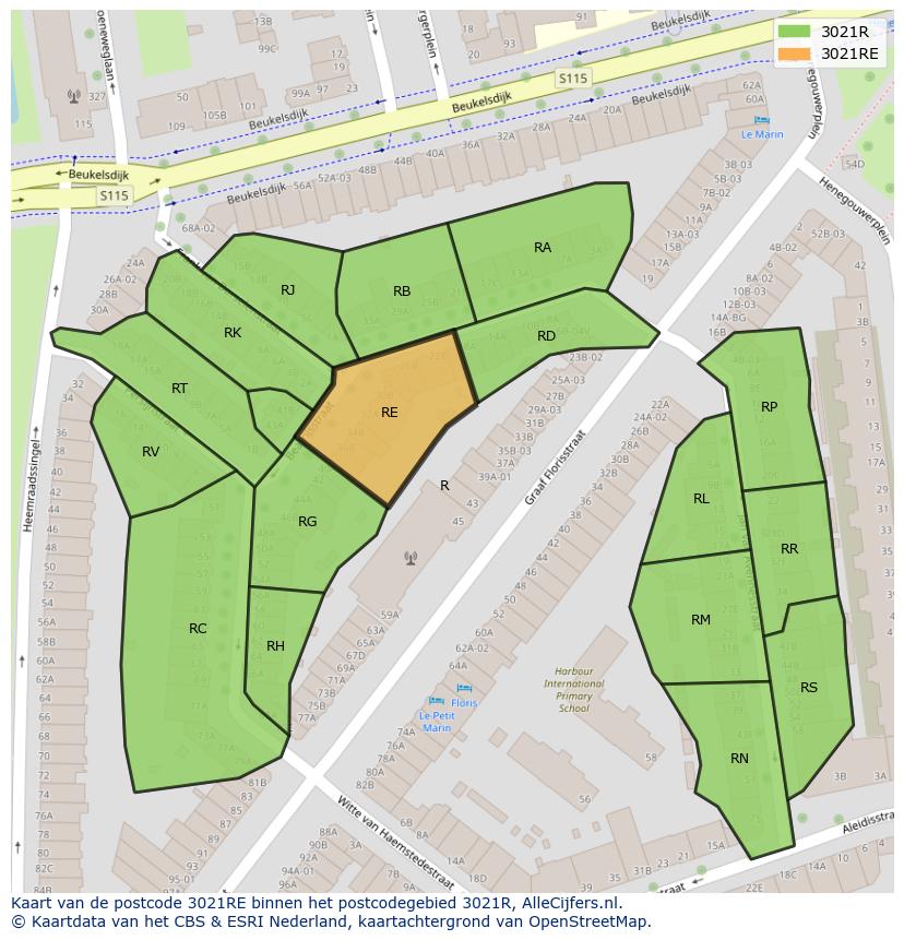 Afbeelding van het postcodegebied 3021 RE op de kaart.