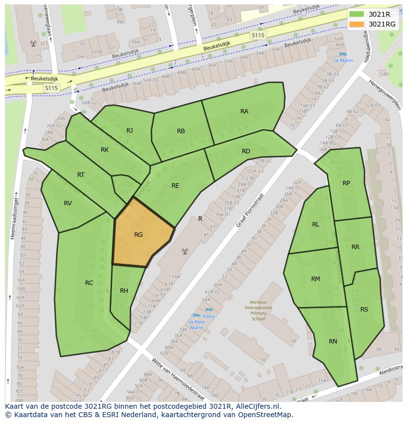 Afbeelding van het postcodegebied 3021 RG op de kaart.