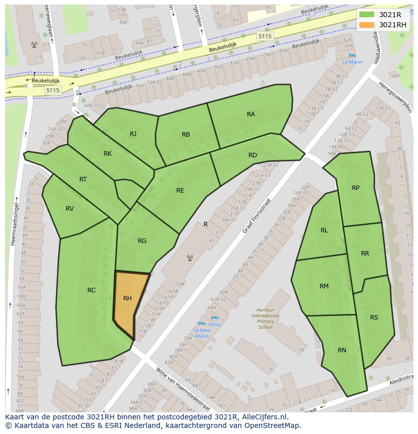 Afbeelding van het postcodegebied 3021 RH op de kaart.