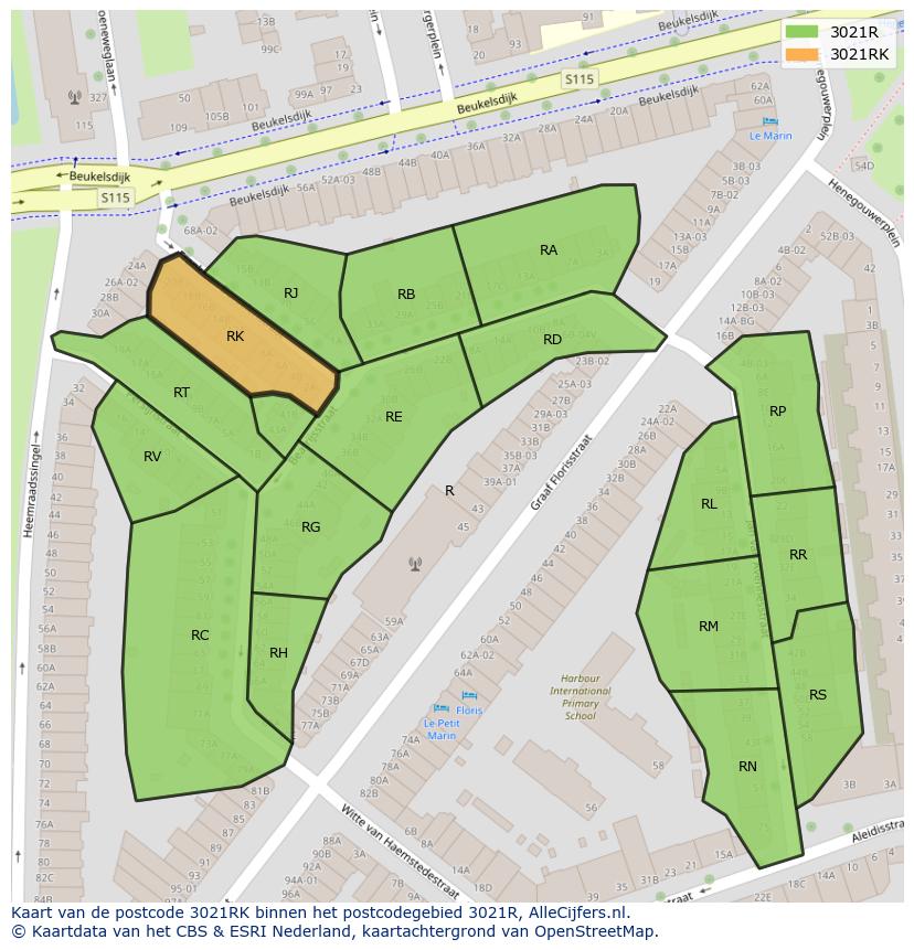 Afbeelding van het postcodegebied 3021 RK op de kaart.
