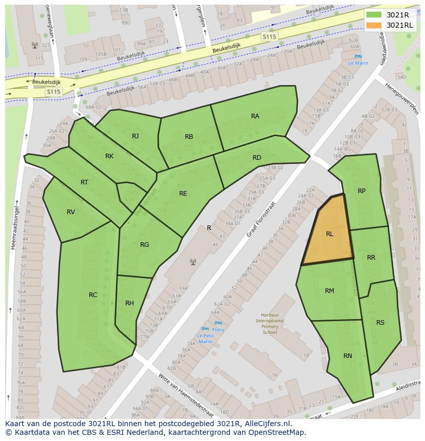 Afbeelding van het postcodegebied 3021 RL op de kaart.
