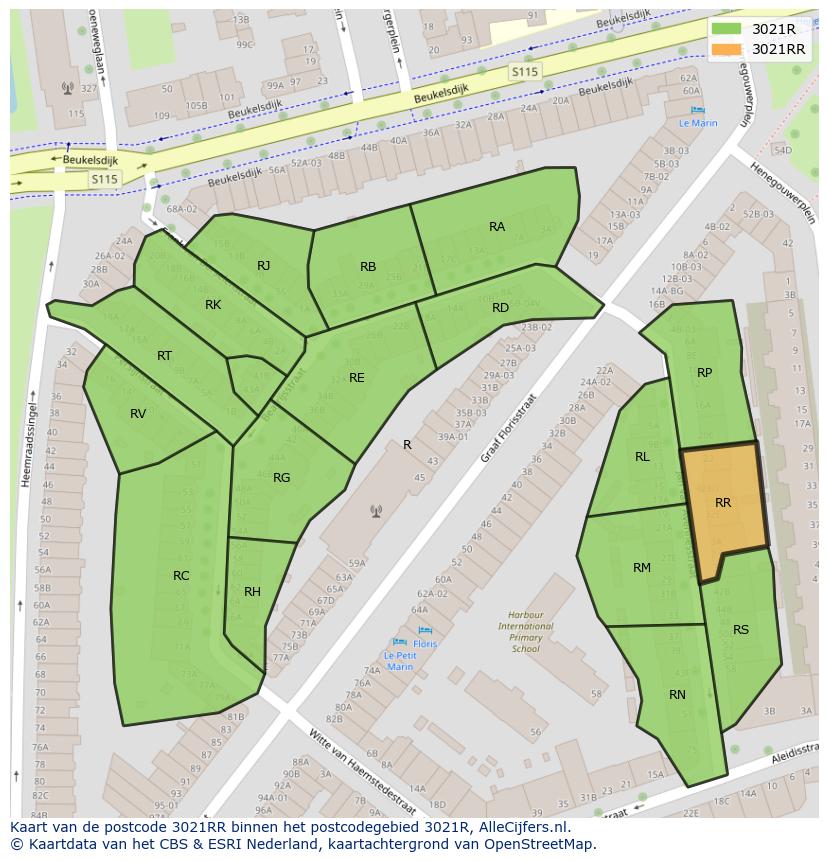 Afbeelding van het postcodegebied 3021 RR op de kaart.