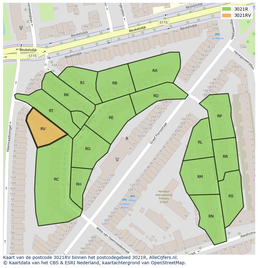 Afbeelding van het postcodegebied 3021 RV op de kaart.