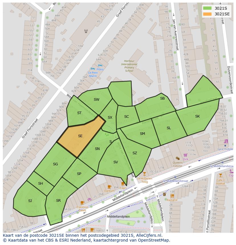 Afbeelding van het postcodegebied 3021 SE op de kaart.