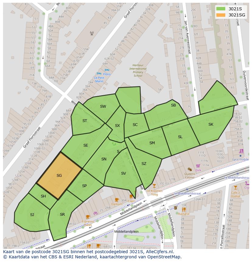 Afbeelding van het postcodegebied 3021 SG op de kaart.