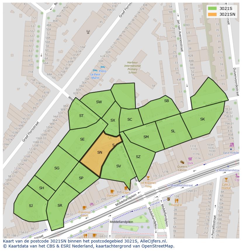 Afbeelding van het postcodegebied 3021 SN op de kaart.