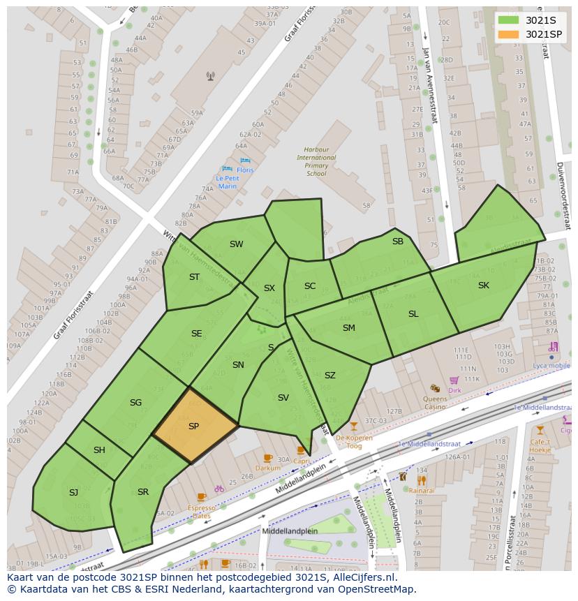 Afbeelding van het postcodegebied 3021 SP op de kaart.