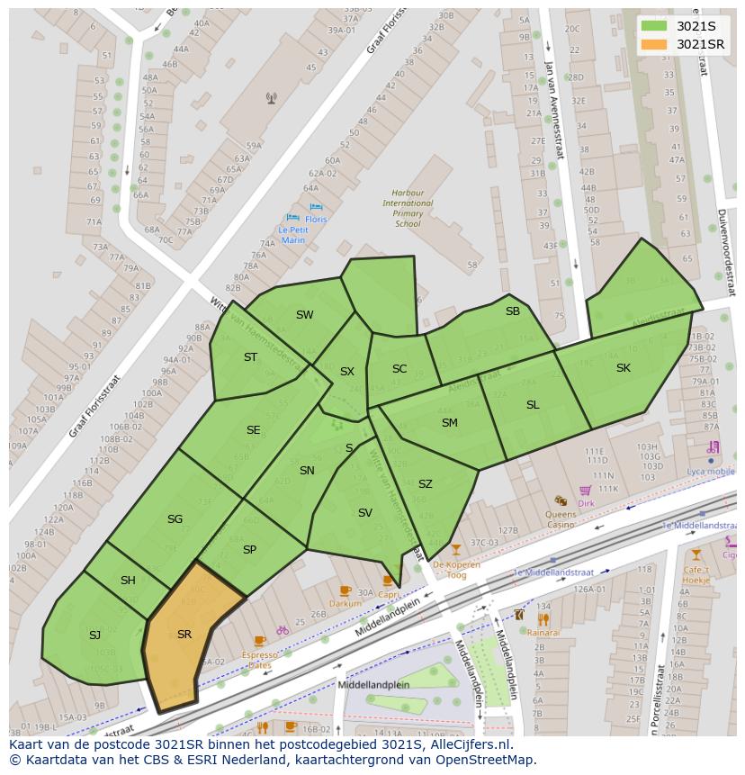 Afbeelding van het postcodegebied 3021 SR op de kaart.