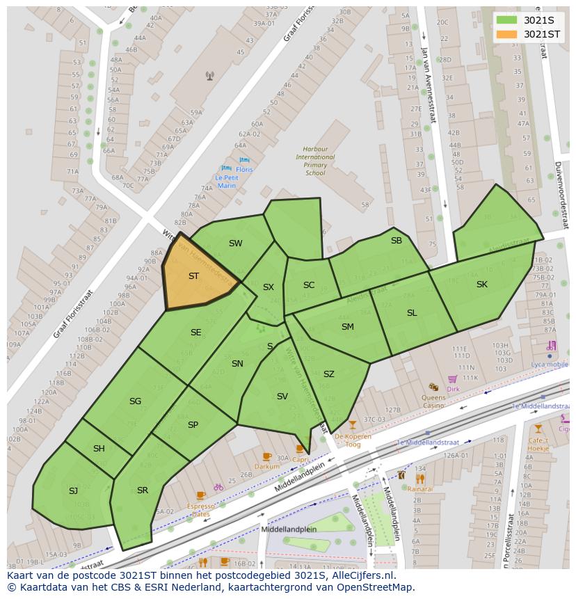 Afbeelding van het postcodegebied 3021 ST op de kaart.