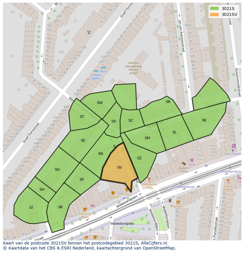 Afbeelding van het postcodegebied 3021 SV op de kaart.