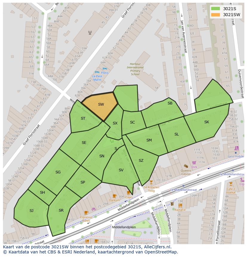 Afbeelding van het postcodegebied 3021 SW op de kaart.
