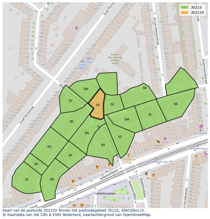 Afbeelding van het postcodegebied 3021 SX op de kaart.