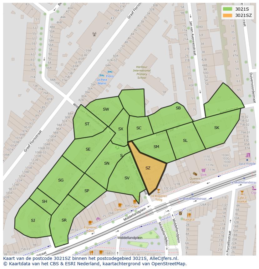 Afbeelding van het postcodegebied 3021 SZ op de kaart.