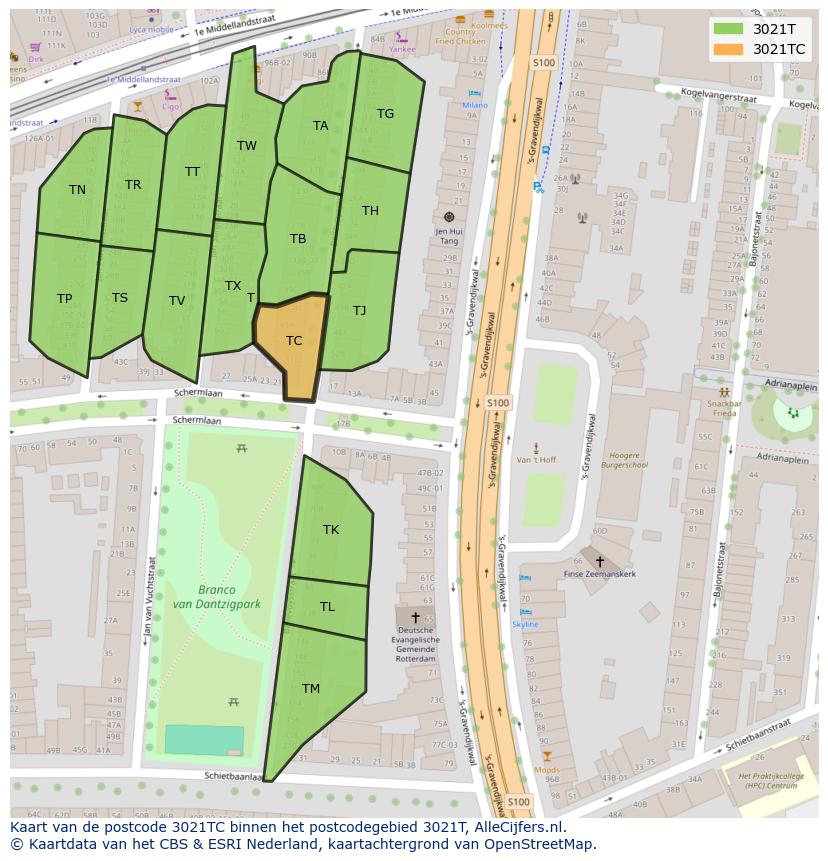 Afbeelding van het postcodegebied 3021 TC op de kaart.