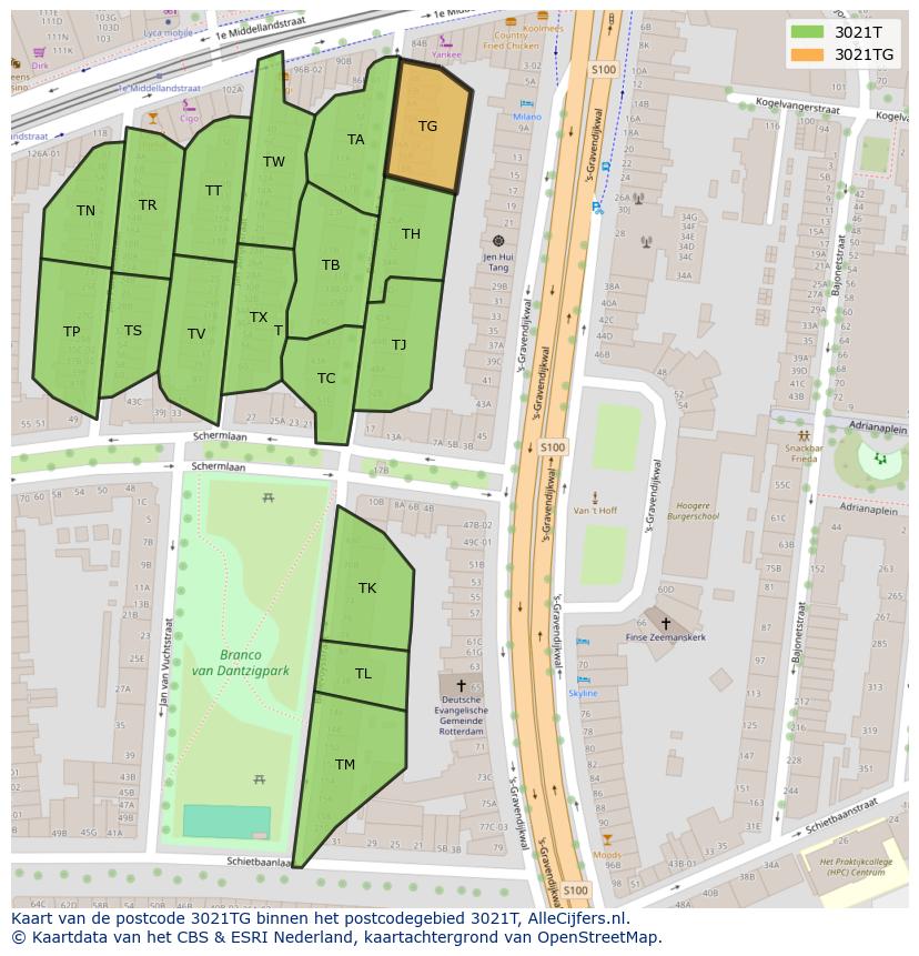 Afbeelding van het postcodegebied 3021 TG op de kaart.