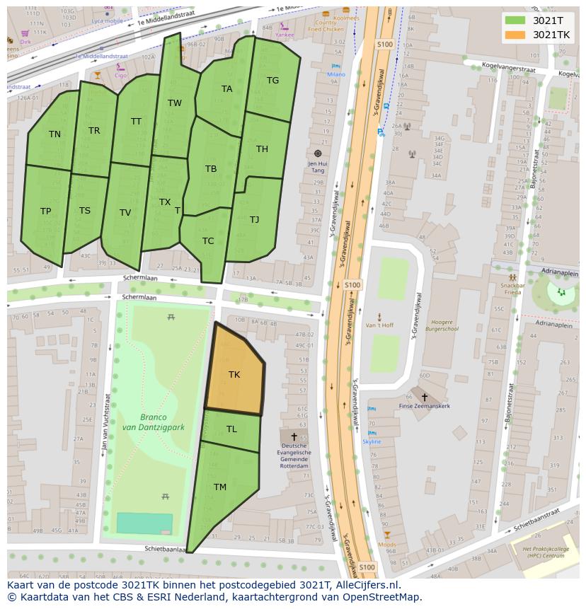 Afbeelding van het postcodegebied 3021 TK op de kaart.