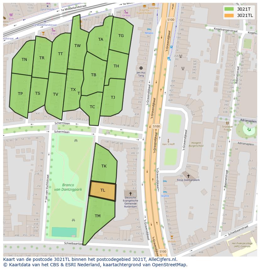 Afbeelding van het postcodegebied 3021 TL op de kaart.